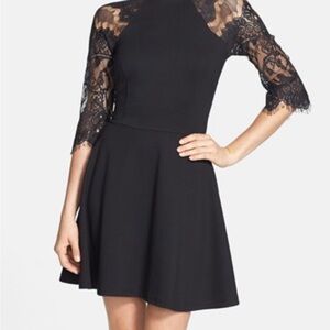 Pre-owned BB DAKOTA Dress Lace Sheer Back 3/4 Sleeve Fit & Flare Stretch XS